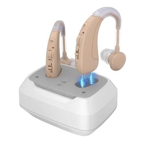 Hearing Aids for Seniors, Rechargeable Hearing Amplifiers for Seniors with Noise Cancelling, Delmicure Hearing Amplifiers for Adults with Adjustable Volume& Charging Base, Beige