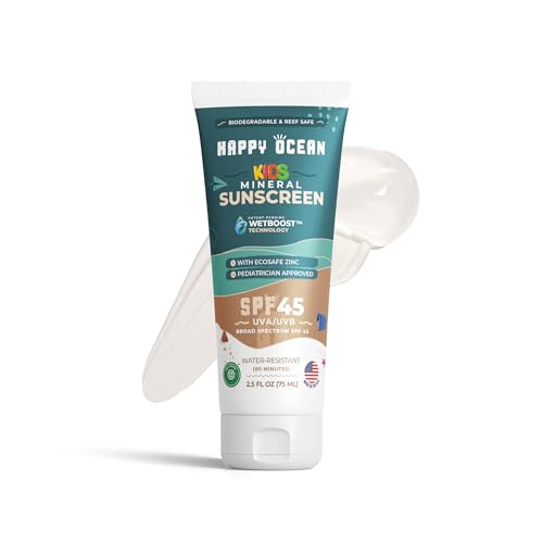 SPF 45 Organic Non Toxic Mineral Sunscreen for Kids, Sunscreen for Sensitive Skin, Natural Reef Safe Sunscreen, Kids Mineral Sunscreen for Face & Body, Water Resistant 2.5 Fl Oz
