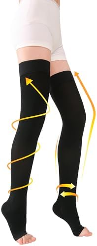 TOFLY® Thigh High Compression Stockings for Women & Men (Pair), Open Toe, Opaque 20-30 mmHg Graduated Compression Hose, Medical Compression Stockings for Varicose Veins, Edema, DVT, Travel,Black M