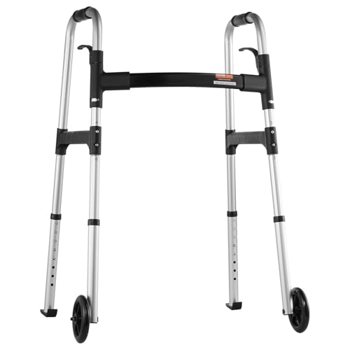 VEVOR Folding Walker, 2-Button Folding Walkers with 5" Solid Wheels and Adjustable Height, Lightweight Aluminum Mobility Walker, Front Wheeled Rolling Walkers for Seniors and Adults, Up to 350 Pounds