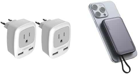 European Travel Plug Adapter 2 Pack, TESSAN International Power Outlet Adaptor with 2 USB, Magnetic Portable Charger 10000mAh, Battery Pack for iPhone 15/14/13/12/Mini/Pro/Pro Max