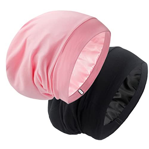 Silk Satin Lined Bonnet Sleep Cap - Adjustable Stay on All Night Hair Wrap Cover Slouchy Beanie for Curly Hair Protection for Women and Men - Black & Pink