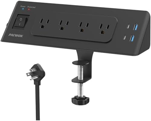 Desk Clamp Power Strip with USB C, Desk Charging Station with 4 Outlets 4 USB Ports, Desktop Mounted Power Strip Surge Protector, 6.5ft Flat Plug Extension Cord, Fit 2.2inch Tabletop Edge, Black