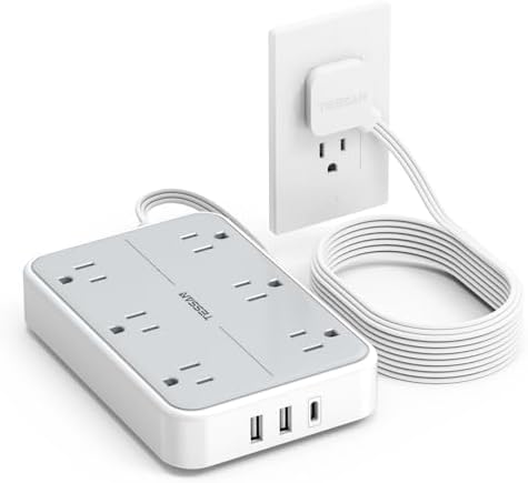 TESSAN Flat Extension Cord 10 FT with Flat Plug Power Strip, Small Extension Cord with 6 AC Outlet 1 USB C and 2 USB A, 1080J Surge Protector Power Strip, Wall Mount for Dorm Room Office Home