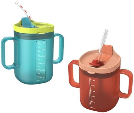 Spill Proof Sippy Cups for Seniors & Adults -10.2oz(300ml) with 2 Handles & Straw Lid, Elderly Drinking Cups for Patients, Disabled, Pregnant Women, Dishwasher Safe (Blue) (2, Blue+Orange)
