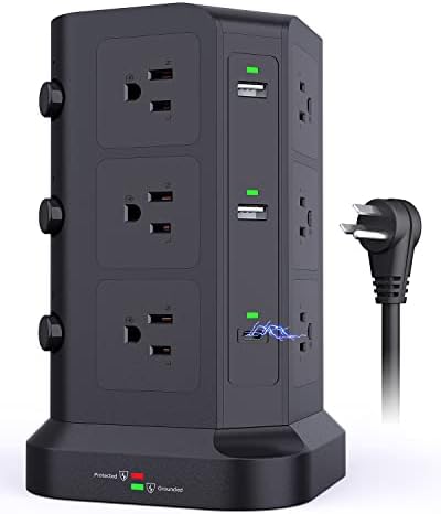 KOOSLA Dual 20W USB-C Power Strip Tower, Surge Protector Power Strip, Power Tower with USB Ports and Widely Spaced AC Outlets,1875W/15A, Charging Tower with 6.5ft Heavy-Duty Extension Cord Black