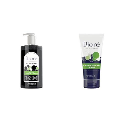 Bioré Deep Pore Charcoal Face Wash, Facial Cleanser for Dirt and Makeup Removal From Oily Skin, 6.77 Ounce & Bioré Pore Unclogging Scrub, Removes Excess Dirt and Oils, Face Scrub