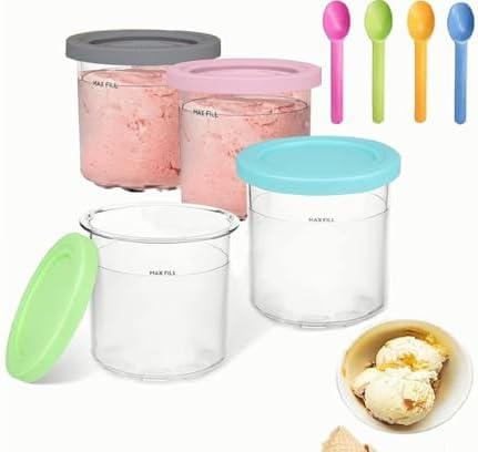 JOSSA Replacement Containers for Ninja Creami Pints and Lids, 4-Pack – Compatible with NC299AM C300s Series, Ninja Creamy Pints Plastic, Airtight, Anti-Slip, BPA-Free, Dishwasher Safe.