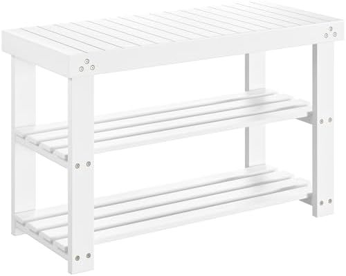 Pipishell Bamboo Shoe Rack Bench, 3-Tier Sturdy Shoe Organizer, Storage Shoe Bench, Holds up to 300lbs for Entryway Bedroom Living Room Balcony (White)
