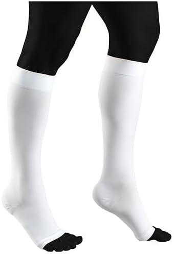 NuVein Medical Compression Stockings, 20-30 mmHg Support for Women & Men, Knee Length, Open Toe, White, Medium