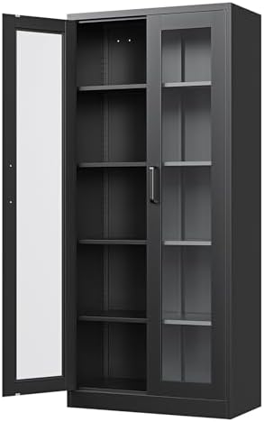 Display Cabinet with Glass Doors, 67-inch Curio Cabinets with 4 Adjustable Shelves, HD&Tempered Glass Cabinet Display Case for Home, Office, Clinic, Pantry, Assemble Required, Black
