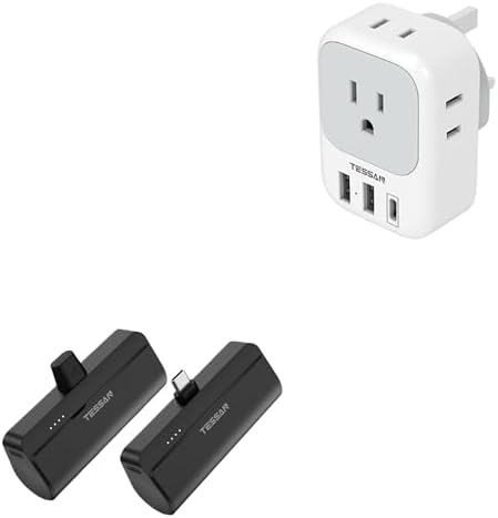 US to UK Plug Adapter, TESSAN Type G Ireland Travel Adapter with 4 Electrical Outlet 3 USB Charger, Mini Portable Charger, 5000mAh Small Power Bank, for iPhone 15/15 Plus/15 Pro/15 Pro Max