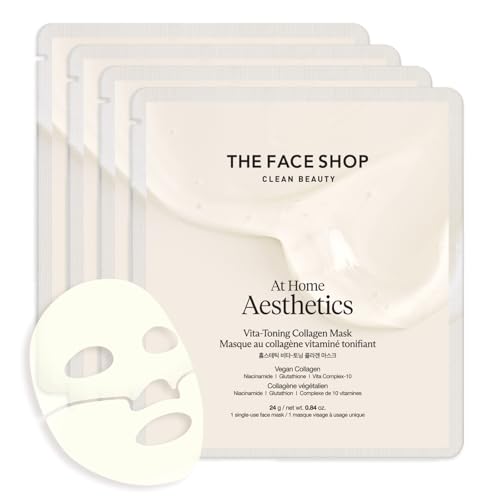 The Face Shop At Home Aesthetics Vegan Collagen Face Mask, Korean Glass Skin Care, Original & Vita-Toning Sheet Mask, Anti-aging Vitamin Hydrogel Face Sheet Mask for Firming, Elasticity, Moisturizing
