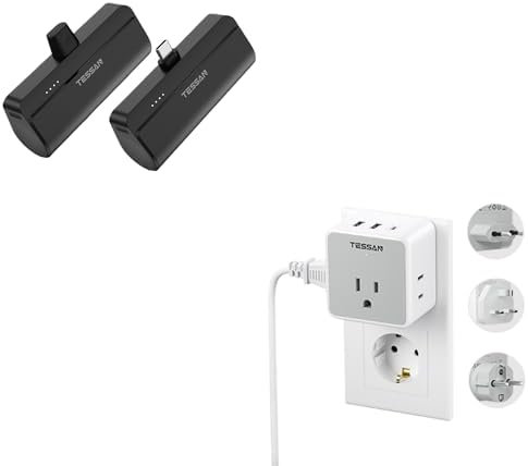 TESSAN All European UK Travel Plug Adapter Kit, International Detachable Converter with 3 Outlet 3 USB Charger, Mini Portable Charger, 5000mAh Small Power Bank, for iPhone 15/15 Plus/15 Pro/15 Pro Max