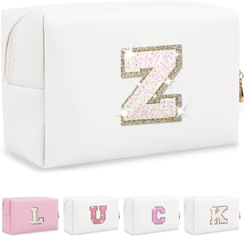 Initial Letter Patch Makeup Bag, Preppy Glitter Letter Pouch Cosmetic Bag,Small PU Travel Toiletry Bag Zipper,Personalized Monogrammed Gift for Friends Sister,Cute Stuff for Women Teen Girls(Letter Z)