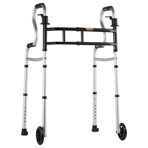 VEVOR Folding Walker on Wheels, 3-in-1 Stand-Assist Folding Walkers with Adjustable Height and Width, Lightweight Aluminum | Front Wheeled Mobility Aid for Elderly Handicapped Disabled, Up to 350LBS