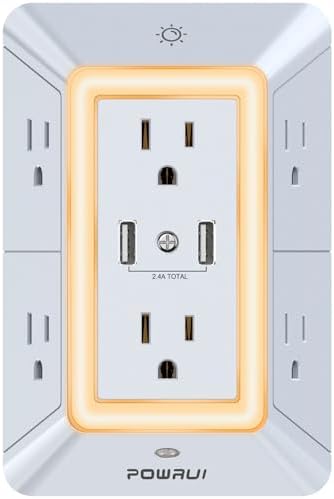 USB Wall Charger, Surge Protector, POWRUI 6-Outlet Extender with 2 USB Charging Ports (2.4A Total) and Night Light, 3-Sided Power Strip with Adapter Spaced Outlets - White，ETL Listed, Grey