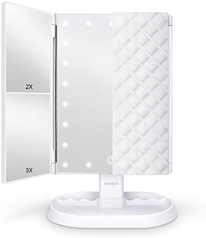 deweisn Trifold Lighted Vanity Makeup Mirror with 21 LEDs Lights,1x/2x/3x Magnification and Touch Screen Dimming,Two Power Supplies Makeup Mirror, Gift for Women