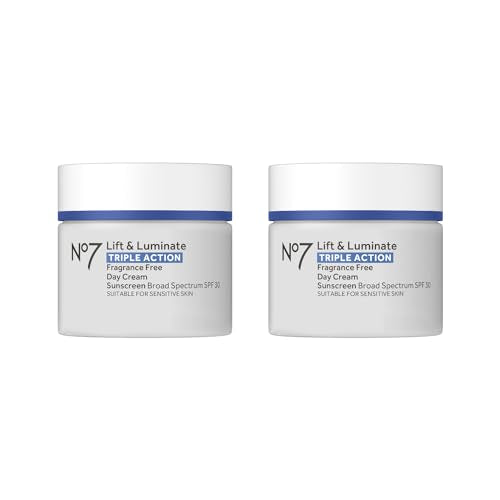 No7 Lift & Luminate Triple Action Fragrance Free Day Cream SPF 30 - Broad Spectrum Anti-Aging Face Cream - Hydrating Hibiscus Peptides & Hyaluronic Acid + Emblica & Vitamin C (2 pack, 1.69 Fl Oz each)