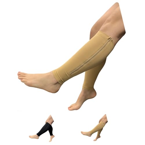 Seniors Care Footless 15-20 mmHg Compression Shin Calf Leg Men Women 1 Pair Zipper Sleeves (Nude, XX-Large)