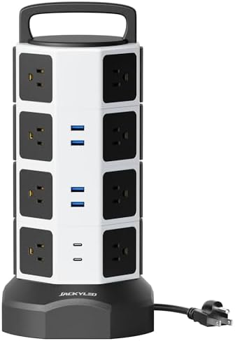 Power Strip Tower Surge Protector - JACKYLED 16 AC Outlets(13A) 6 USB Ports Electric Charging Station, 1050J Surge Electric Tower, 1625W Outlet Extender, 6.5ft Heavy Duty Extension Cord for Home