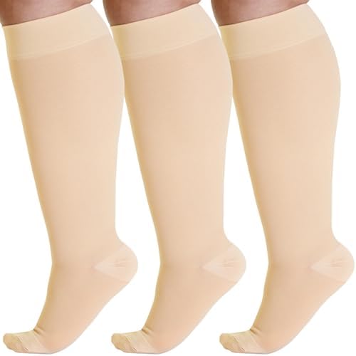 ABSOLUTE SUPPORT (3 Pairs) Plus Size Graduated Support Opaque Compression Knee High Socks for Women and Men 20-30mmHg | For Diabetic, Lymphedema, Swelling, Pregnancy - Beige, 3X-Large - A501BE6-3