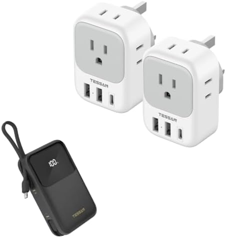 US to UK Plug Adapter 2 Pack, TESSAN Type G Travel Adapter with 4 Outlets 3 USB Charger(1 USB C Port), Power Adaptor for USA Ireland Scotland Dubai with Portable Battery Pack