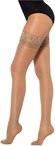 Healthweir Sheer Compression Thigh High Stockings for Women 15–20 mmHg – Medical Support Hose with Lace Silicone Band, Closed Toe – Varicose Veins, Maternity, Travel, Anti-Embolism (4, Skin)