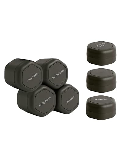 Cadence Travel Containers - Daily Routine Capsule Set - Magnetic Travel Capsules - For Shampoo, Conditioner, Body Wash, Pills, and More - 4 Flex Mediums (1.32oz) & 3 Flex Smalls (0.56oz) - Charcoal
