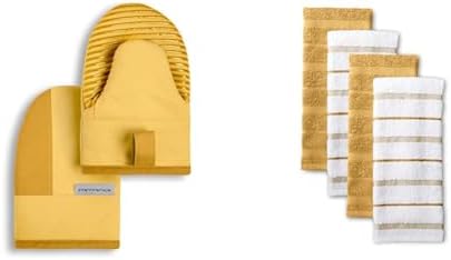 KitchenAid Beacon Two-Tone Non-Slip Mini Oven Mitt Set, Majestic Yellow, 5.5"x8", 2 Piece & Albany Kitchen Towel 4-Pack Set, Orange Sorbet Yellow/White, 16"x26"