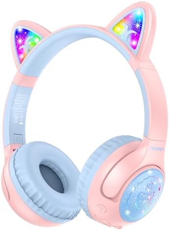TECKNET Cat Ear Kids Bluetooth Headphones, Kids Headphones Wireless 70H Playtime, 74/85/94dB Volume Limiting, Bluetooth 5.3, Built-in Mic, LED Light-Up, Ideal for iPad, PC, School, Travel, Gift