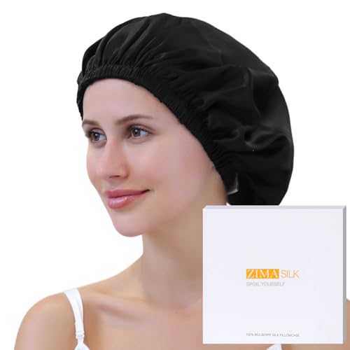 ZIMASILK 100% Mulberry Silk Bonnet for Sleeping Women Long Hair Double Layer Silk Hair Wrap with Adjustable Band Natural Silk Bonnet for Hair Care Stay On Head (1Pc, Black)