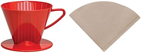 Fino Pour-Over Reusable Coffee Brewing Cone Plus 100 Disposable Unbleached Paper Filters, Number 2-Size, Red