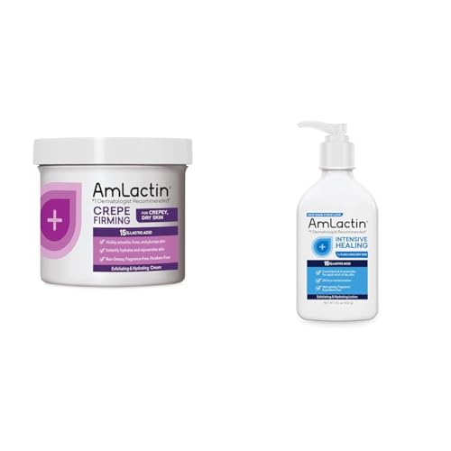 AmLactin Crepe Firming Cream - 12 oz Body Cream with 15% Lactic Acid - Exfoliator and Moisturizer & Intensive Healing Body Lotion for Dry Skin – 14.1 oz Pump Bottle – 2-in-1 Exfoliator