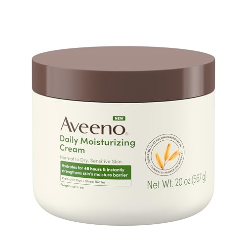 Aveeno Daily Moisturizing Cream with Prebiotic Oat & Shea Butter, Body, Face & Hand Cream for Normal to Dry, Sensitive Skin Hydrates for 48 Hours, Fragrance Free & Non-Comedogenic, 20 Oz