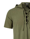 JEMITOP Men's Vintage Renaissance Costume Hooded Short Sleeve Lace up Shirts for Pirate Viking Medieval Vampire Halloween Cosplay Clothing Army Green XL