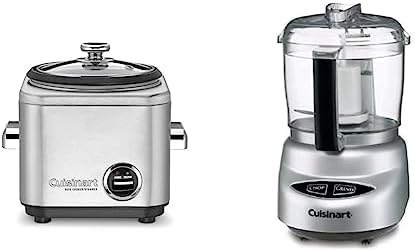Cuisinart CRC-400 4 Cup Rice Cooker, Stainless Steel Exterior & Food Processor, Mini-Prep 3 Cup, 24 oz, Brushed Chrome and Nickel, DLC-2ABC