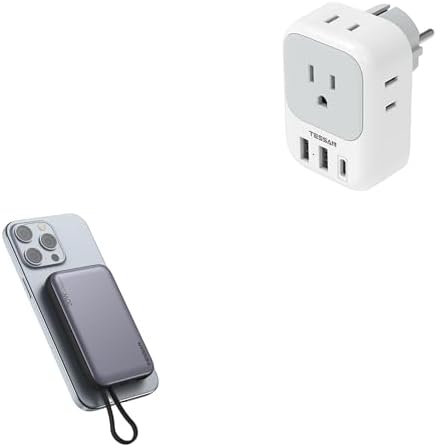 TESSAN Type E F Plug Adapter, Germany France Power Adapter with 3 USB Ports(1 USB C), 4 AC Outlets, Magnetic Portable Charger 10000mAh, 20W Battery Pack for iPhone 15/14/13/12/Mini/Pro/Pro Max
