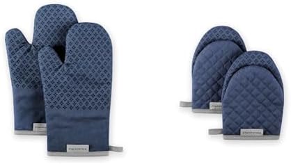 KitchenAid Asteroid Oven Mitt Set, 7"x12.5", Blue Willow, 2 Piece & Asteroid Mini Oven Mitt, 5.5"x8", Blue Willow 2 Count