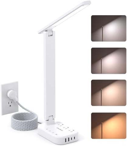 Power Strip with LED Desk Lamp, 10 Ft Extension Cord with 3 Outlets 4 USB Ports(2 USBC), 4 Modes 5 Level Touch Lamp Small Desk Lamp for Home Office, Study Reading Light, Dorm Room Essentials