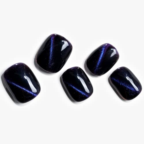 GLAMERMAID Press on Nails Extra Short Squoval, Spring Summer Handmade Black Cat Eye Gel Glue on Nails, 24Pcs Glossy Round Reusable UV Finish Fake Nails Acrylic False Nail Manicure Kits for Women