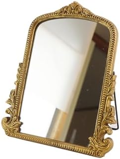 Vintage Vanity Makeup Desk Mirror，Antique Traditional Chic Arch Table Mirror Gold，Decor Wood Framed Small Standing Carved Arendahl Mirror for Living Room,Bedroom,Tabletop 11.8" x 9.6"