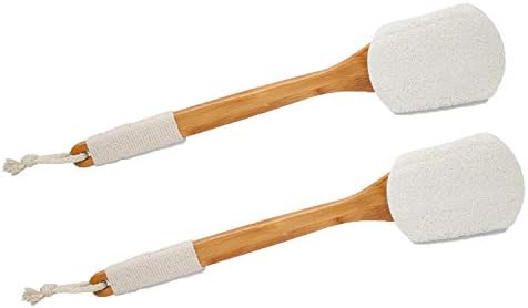 Leotruny 100% Natural Exfoliating Loofah with Long Wooden Handle Shower Back Brush (Off-White (2 Pack))