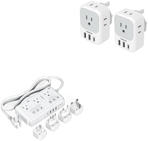 US to UK Plug Adapter 2 Pack, TESSAN Type G Travel Converter with 4 Outlets 3 USB Charger(1 USB C Port), 220V to 110V Voltage Converter, 2000W Step Down Transformer, for US to England Ireland Scotland