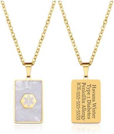 Medical Alert Necklace for Women Shell & Gold-Tone Stainless Steel Emergency ID Tag Pendant Necklace for Girls Custom Engraved Medical Alert Jewelry