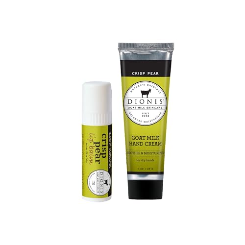 Dionis Goat Milk Skincare Crisp Pear Scented Hand Cream & Lip Balm Set (1 oz and .28 oz) - Safe For Sensitive Skin, Soothes Chapped Lips and Dry Skin, Cruelty-free and Paraben-free