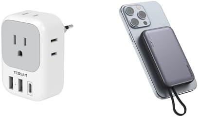 European Travel Plug Adapter USB C, TESSAN International Plug Adapter with 4 AC Outlets and 3 USB Ports, Magnetic Portable Charger 10000mAh, 20W Fast Charging Battery Pack for iPhone Samsung LG Moto