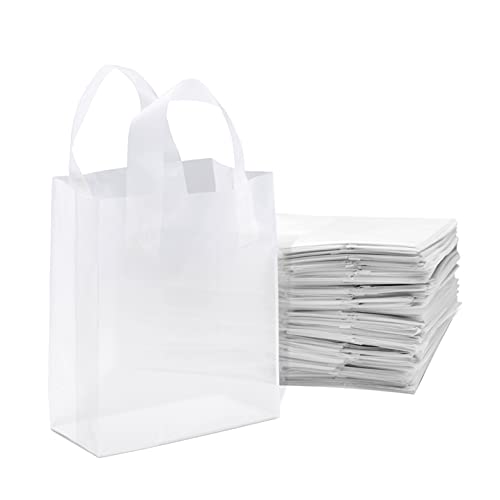 Prime Line Packaging Clear Plastic Bags with Handles for Small Business, Welcome Goodie, Frosted Gift Tote for Boutiques, Events, Bulk, 8x4x10 50 Pack