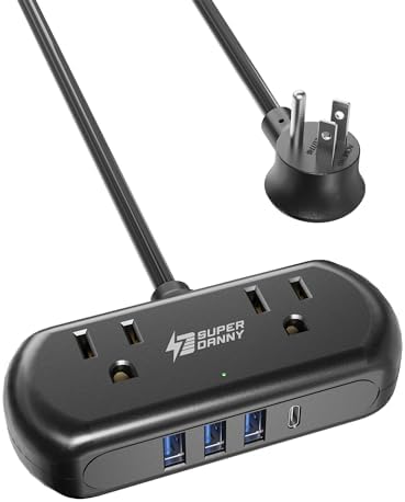 Power Strip with USB, SUPERDANNY Mini Surge Protector with 2 Wide-Spaced Outlets, 3 USB-A 1 USB-C, 5 Ft Extension Cord, Flat Plug, Compact Size Desktop Charging Station Travel, Home, Office, Black