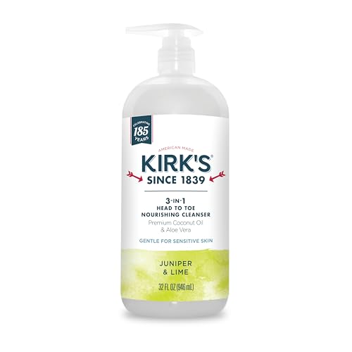 Kirk's 3-in-1 Head to Toe Nourishing Liquid Cleanser- for Men, Women & Children - Premium Coconut Oil & Aloe Vera- Non GMO & Vegan -Juniper & Lime - 32 Fl Oz